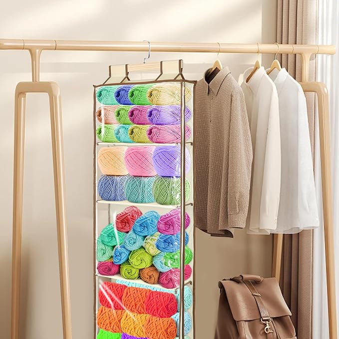 Clear Hanging Yarn Storage with 4 Large Pockets, 48"x17" Clear Knitting Organizer Storage with Zippers for Crochet Lovers, Hanging Yarn Holder with Over-Door Hooks for Knitting Needles Crochet Hooks