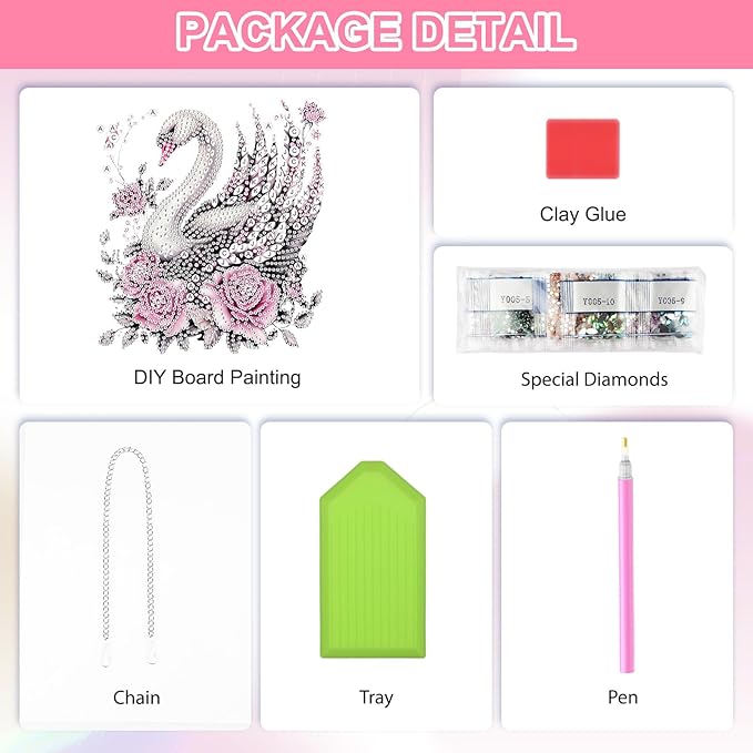 QENSPE Diamond Art Hanging Kits for Adults, 5D Swan Special Shape Diamond Paingting Ornaments with Chain, DIY Pink Rose Crystal Window Pendants for Home Wall Decor Double Sided 8X8 inch