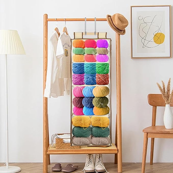 Clear Hanging Yarn Storage with 4 Large Pockets, 48"x17" Clear Knitting Organizer Storage with Zippers for Crochet Lovers, Hanging Yarn Holder with Over-Door Hooks for Knitting Needles Crochet Hooks