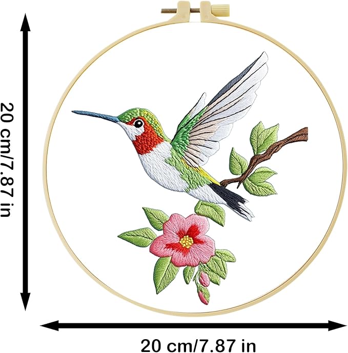 57lilina embroidery kit for beginners, pack of 3 with hoops, threads, needles - starter cross stitch supplies for adults, gift for relaxation craft lovers, hummingbird theme