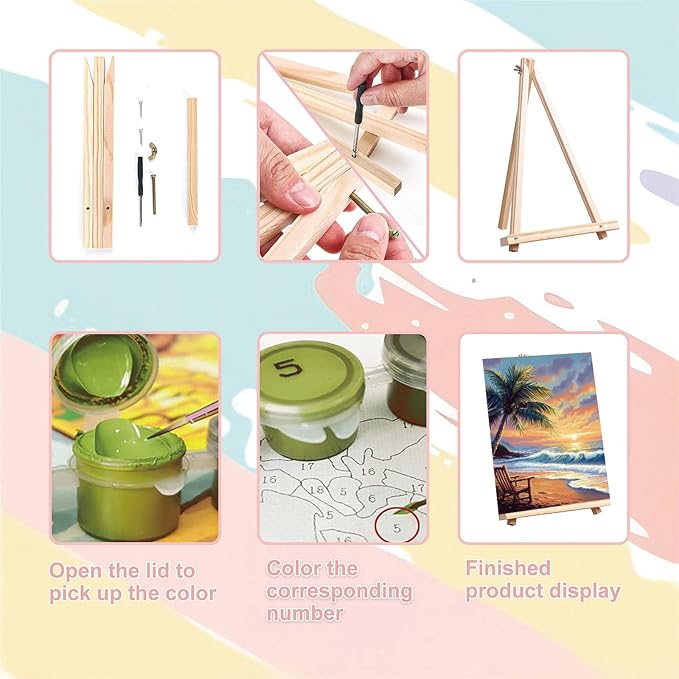 Beach Paint by Numbers for Adults with Framed Canvas - with Wooden Easel, Landscape Paint by Number on Canvas, DIY Sunset Acrylic Oil Painting Kits with Brushes for Home Wall Decor (8x12 inch)