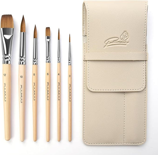 Sable Travel Watercolor Brushes, Fuumuui 6pcs Kolinsky Sable Watercolor Travel Brushes with Short Handles - Detail Liner Pointed Round Flat Wash Mop for Watercolor Gouache Ink Painting