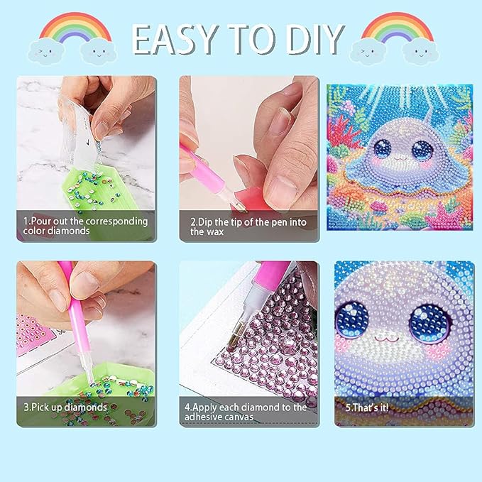 cdjlddww 4 Packs 5D Cartoon Diamond Art Kits for Adults, Cute Sea Animals Art Kit for Adults, DIY Full Round Drill Gem Art for Home Wall Decor Present 6X6 inch(Without Frame)