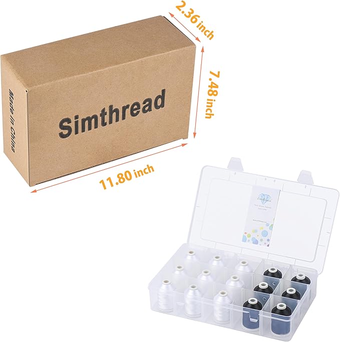 [Box-Upgraded] Machine Embroidery Thread 1000M 9*White 001 + 6*Black 900, with Storage Box Polyester 15 Spools Set for Embroidery Quilting Machine