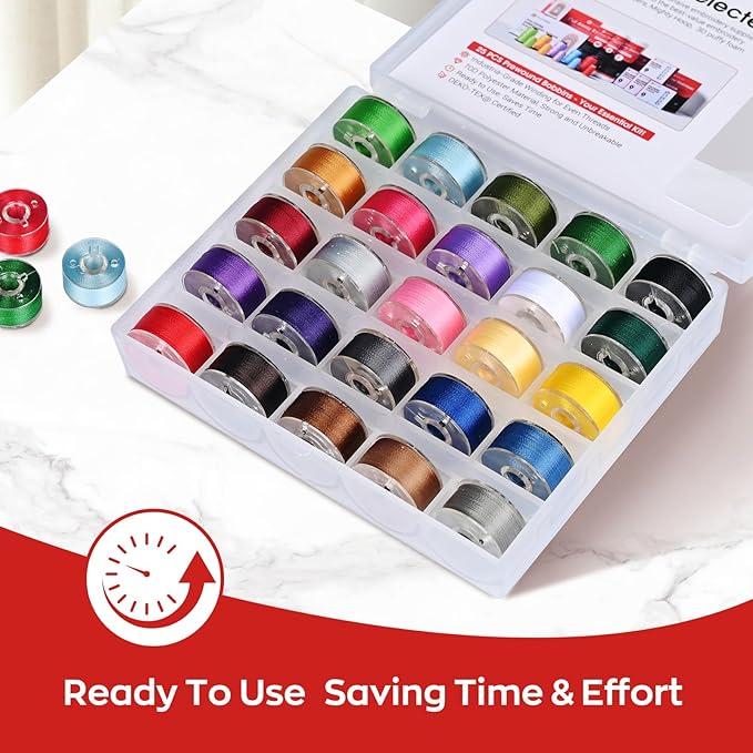 Poolin Prewound Bobbins Richword Selected 25PCS Colors Size A, Plastic Sided, 70D/2(60WT) Polyester Bobbin Thread for Single Needle Embroidery and Sewing Machine