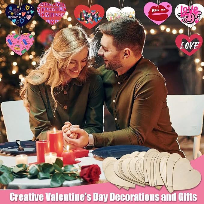 KITRDOOR Wooden Hearts for Crafts, 36pcs Valentine's Day Heart Ornaments Hanging Decorations, Unfinished Wood Heart Painting Craft Kit, DIY Valentines Crafts for Adults Classroom Gift (Pink)
