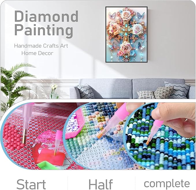 mrpwnle Diamond Painting Kits for Adults-Cross Diamond Art Kit for Adults Beginners 5D Diamond Painting Cross Flowers DIY Full Drill Diamond Art Dot Gem Art Kits,Home Wall Decor 12x16 Inch