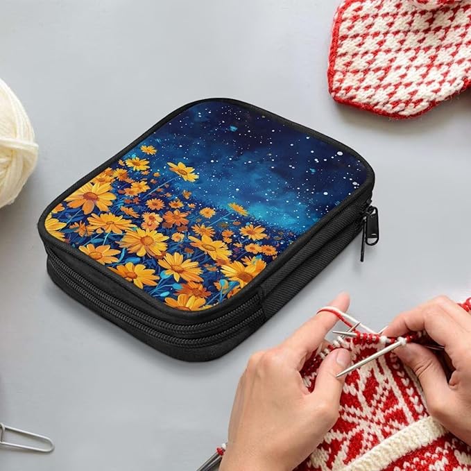 Hechitok Yellow Flower Crochet Hook Case Zipper Storage Organizer Bag with Pockets for Various Crochet Needles/Knitting Accessories/Crochet Hook Kit Tools
