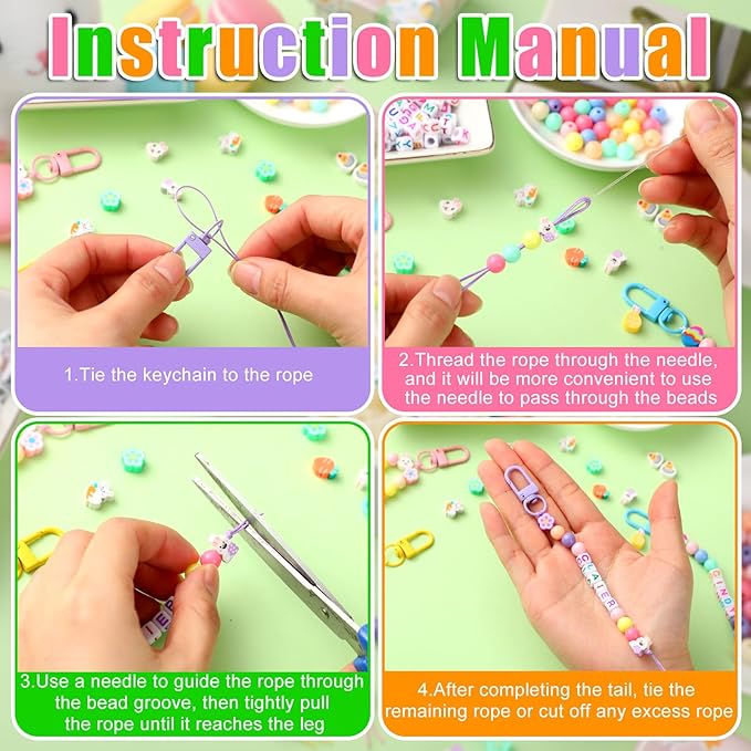 Landical 564 Pcs Easter Bead Keychain Kit DIY Easter Basket Name Tags Key Chain Making Craft Adjustable Letter Beads String Gift Alphabet Jewelry Backpack Accessories Spring Party Favor Decoration