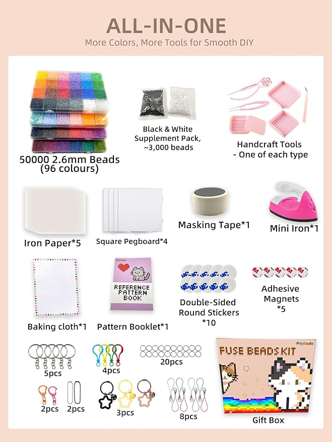 Psykade Fuse Beads Kit-Easy DIY-96 Colors 53000 2.6mm, 200+ Patterns, Built-in Iron | DIY Crafts Supplies for Women, Art Decorations for Room, Ideal Gift,Pixel Art，All-in-One