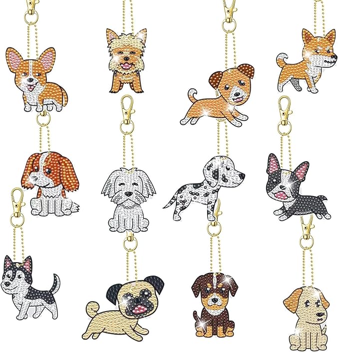 12 Pcs Dog Diamond Keychains Kit DIY Cute Dog Diamond Keychains Dog Diamond Keychain for Beginners Adults and Kids Art Craft Supplies Gift
