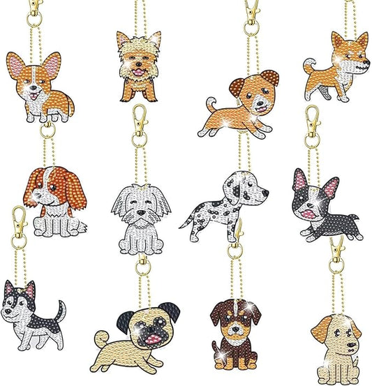 12 Pcs Dog Diamond Keychains Kit DIY Cute Dog Diamond Keychains Dog Diamond Keychain for Beginners Adults and Kids Art Craft Supplies Gift