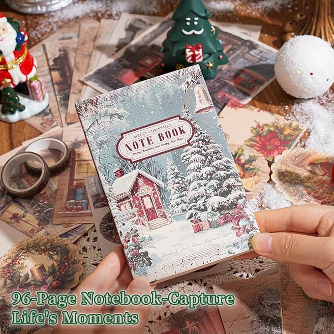 icceemee Scrapbooking Supplies Kit, Christmas Theme Scrapbooking Kit for Bullet Junk Journaling, Stationery, A6 Grid Notebook, Flower DIY Journaling Supplies, Birthday Craft Gift for Teen Girls