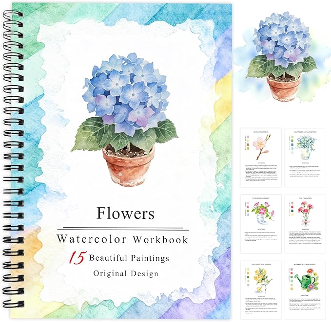 SLWBZ Watercolor Workbooks Coloring Book, Beginner Friendly Painting Kit, Easy Exquisite with Steps, Creative Exploration Watercolor Book for Adults Teens (Blue Hydrangea, Without Paint)