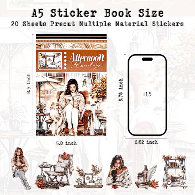 Afternoon Reading Sticker Book for Adults Journaling, 20 Diecut PET Washi Paper Scrapbook Stickers Sheets, Ephemera for Junk Journals Supplies, Scrapbooking, Collage, Bujo, A5