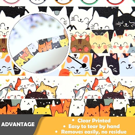Cute Washi Tape Set, 12 Rolls Kawaii Cat Decorative Tape Cartoon Cat’s Paw Masking Tape for Journaling Supplies, Junk Journal, Scrapbooking, DIY Arts & Crafts, Planners, Gift Wrapping