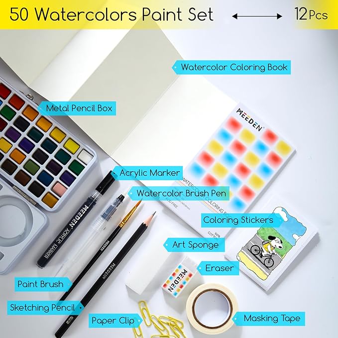 MEEDEN Travel Watercolor Paint Set: 50 Colors Watercolor Paints for Beginner with Brushes & Concertina Coloring Book - Portable Water Color Kit for Adult Painting On the Go