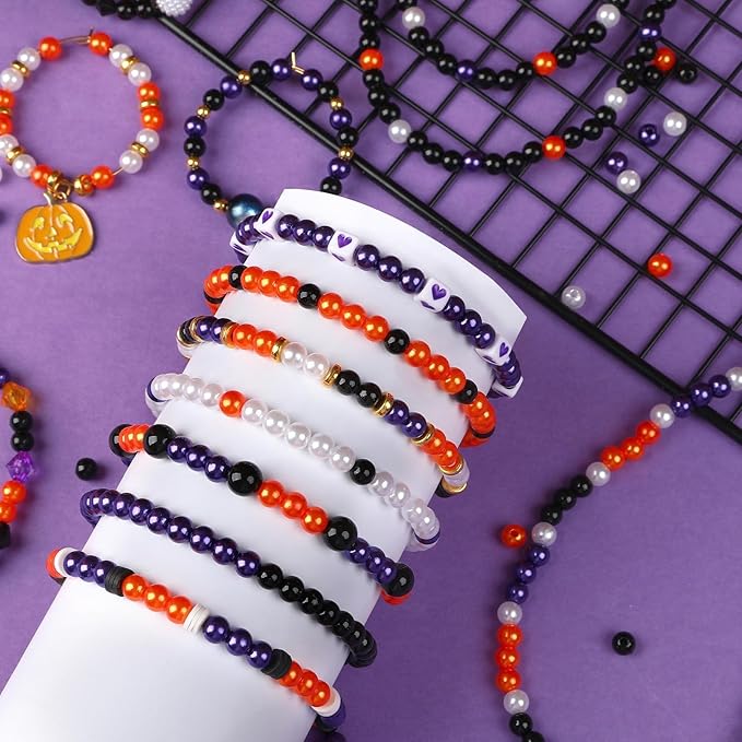 UPINS 1200Pcs Halloween Beads Round 6mm Black Purple Orange White Pearl Beads for Jewelry Making Halloween Mardi Gras Party Decoration Necklace Bracelets Hair Beads DIY Crafts (4 Colors)