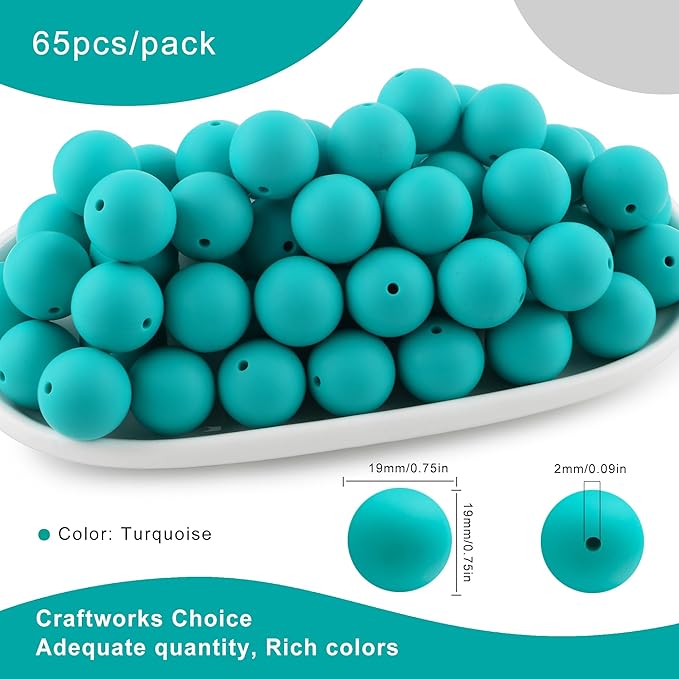 65Pcs 19mm Silicone Beads for Keychain Making Bracelet Necklace, Bulk Round Silicone Beads for Pens(Turquoise)