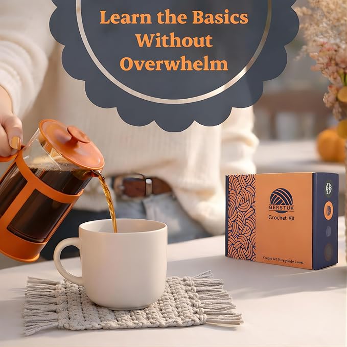 Berstuk Level 1 Absolute Beginner Crochet Kit for Adults - Crochet Starter Kit Beginner for Adults - Learn to Crochet with Expert Video Tutorials - Perfect DIY Gift