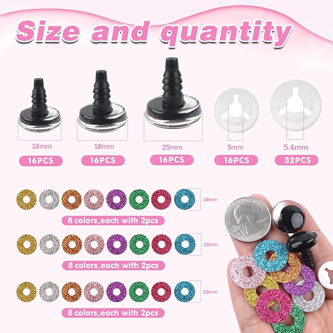 TOAOB 48 Set Safety Eyes Glitter Plastic for Amigurumis 16mm 18mm 25mm Round Craft Crochet Doll Eyes with Washers 8 Colors for DIY Puppet Stuffed Animals Making