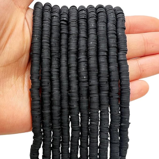 MIIIM 3600 PCS 10 Strands Polymer Clay Beads for Jewelry Making, Vinyl Heishi Beads 6mm for Surfer Bracelets Necklace Making (Black)