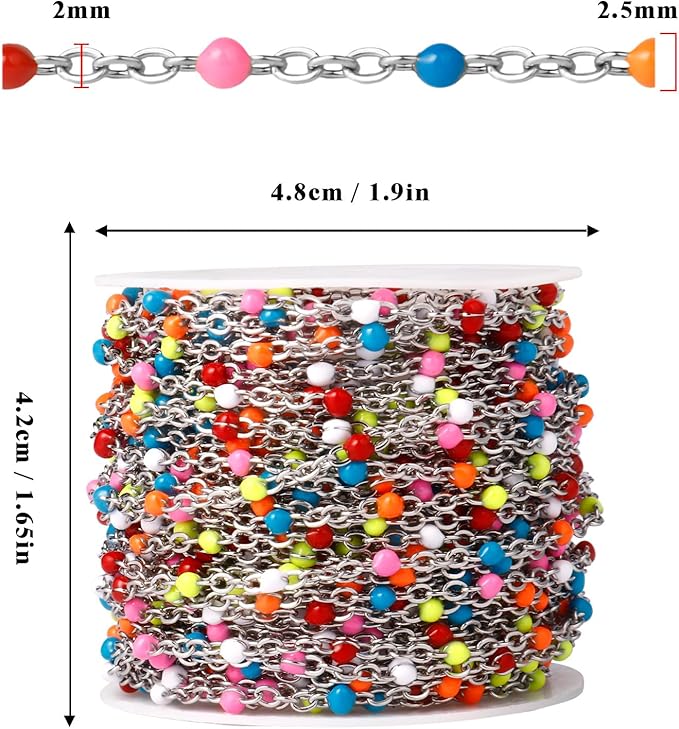 33 Feet Stainless Steel Enamel Chains Bulk, 2mm 304 Stainless Steel Colorful Enamel Beaded Cable Link Chain Roll Spool for Jewelry Making