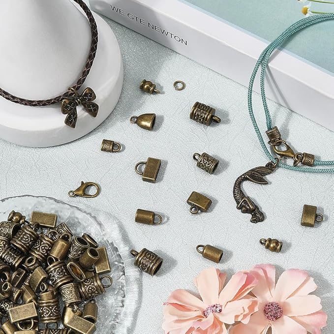SUNNYCLUE 1 Box 230pcs Cord End Caps Kit Kumihimo Ends Alloy Metal Tibetan Style Antique Bronze Tassel Glue in Crimp Leather End Caps for Jewelry Making Kit Bracelet Kumihimo Supplies Gifts Craftings