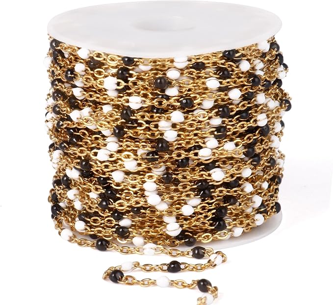 33 Feet Gold Enamel Chains Bulk, 2mm 18K Gold PVD Plated 304 Stainless Steel White Black Enamel Beaded Cable Link Chain Roll Spool for Jewelry Making