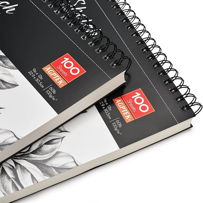 AGPtEK Sketch Book, Art Drawing Pad 9 X 12, 100 Sheets, 60lb/100g, 2 Pack