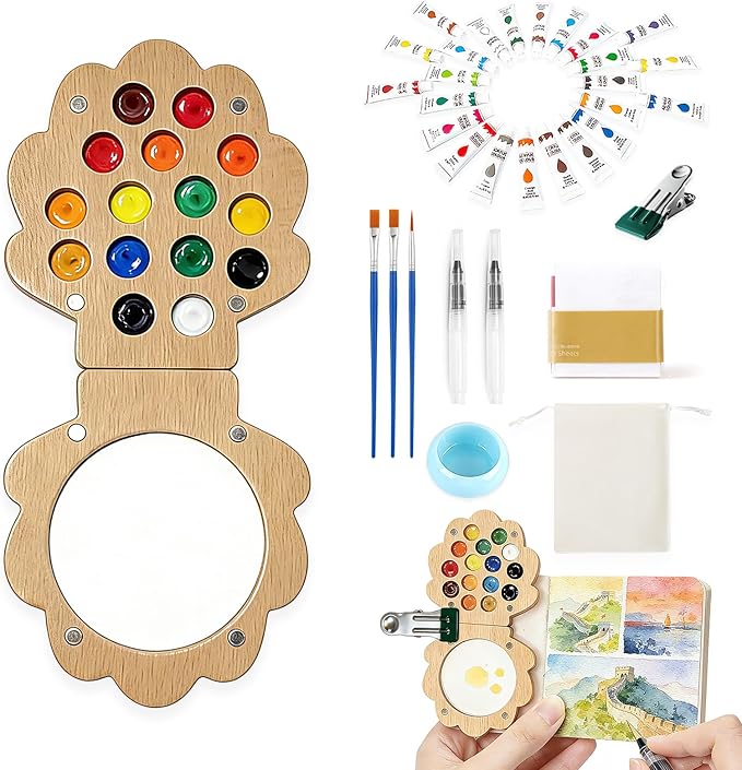 EVOCKAY Mini Watercolor Paint Palette with Clip Perfect for Artists, Painters & Students - Wooden Travel Kit 24 Colors-15 Grids（Shell-Shaped walunt）