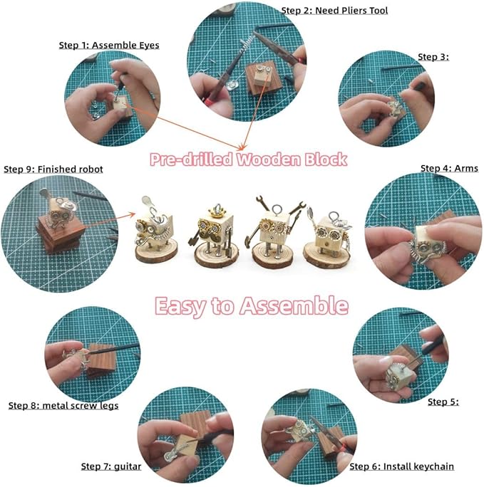 DEUXPER Steampunk Robot DIY Kit - Build Wooden Robot Charms for Jewelry Making, Craft Projects & Home Decor - Creative STEM Gift for Craft Lovers, Adults