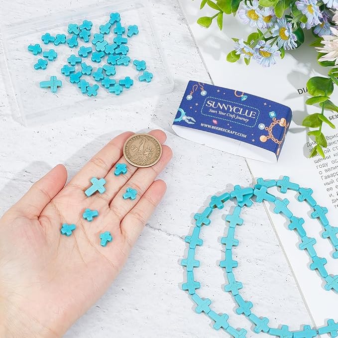 SUNNYCLUE 1 Box 100Pcs Cross Beads Bulk Blue Synthetic Turquoise Stone Cross Bead Charms Mini Small Pocket Crosses Tiny Easter Holiday Crucifix Beads for Jewelry Making Beading Kits Craft Supplies