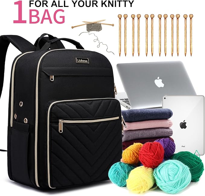 Liokesa Knitting Bag Backpack, Crochet Bag Tote, Large Yarn Storage Tote Bag with USB Charging Port, Mothers Day Gifts Yarn Holder Case for Carrying Projects, Knitting Needles, Yarn Supplies, Black