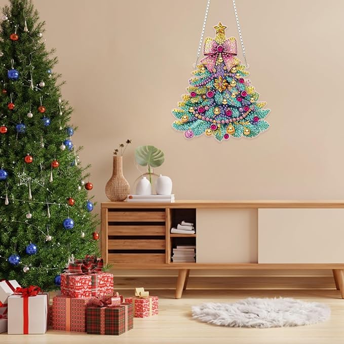 RICUVED Hanging Diamond Art Kit for Adults, Christmas Tree Special Shaped Crystal Gem Craft Diamond Painting Pendant Kit for Beginners, DIY Hanging Acrylic Art Ornament for Home Garden Wall Decor