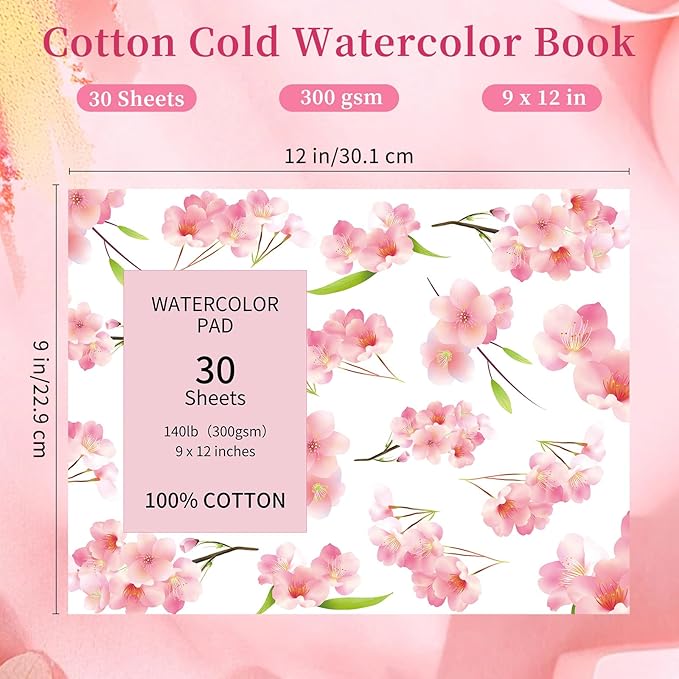 30 Sheets A4 Watercolor Paper Pad(12" x 9"), 140 LB/300 GSM, 100% Cotton Cold Pressed Watercolor Paper for Watercolor Drawing, Mixed Media, Art Journaling, Gouache Ink