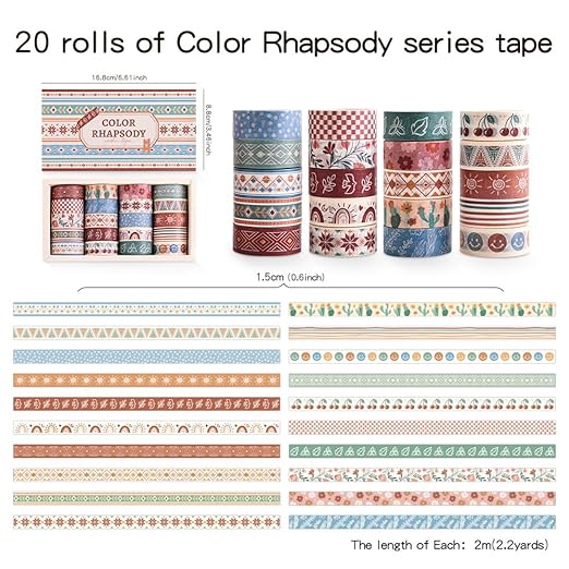 20 Rolls Bohemia Theme Washi Tape Set,Writable Decorative Tapes for Scrapbooking, Junk Journal Supplies, Bullet Journaling, 0.6"x79" per Roll