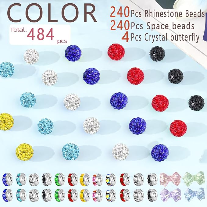 480 Handmade Crystal Beads, Including 240 Crystal Disco Ball Clay Beads and 240 Necklace Spacer, Suitable for DIY Shambhala Disco Diamond Necklace Making (10mm)