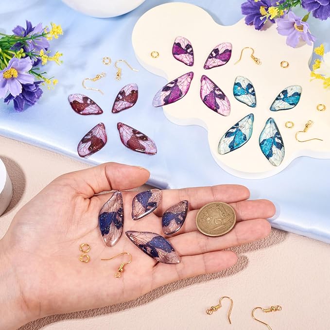 FASHEWELRY 16Pcs Resin Wing Charms Blue Purple Red Butterfly Wing Earring Charms Colorful Dragonfly Wings Pendants with Jump Rings Earrings Hooks for DIY Earring Jewelry Making Kits