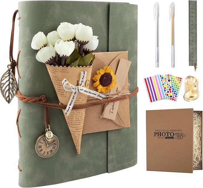Scrapbook Photo Album 100 Pages, 60 Pages Self Adhesive+40 Pages Kraft Paper DIY Photo Book for 2x3 3x5 4x6 5x7 Pictures, Leather Memory Book for Wedding Baby Family Travel Birthday Christmas