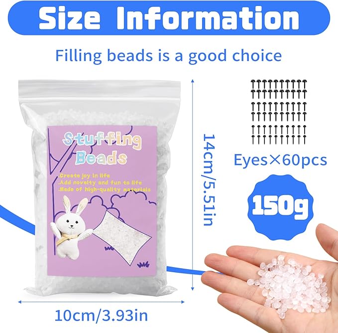 FTEVEN 150g/5.29oz Stuffing Beads, Premium Plastic Weight Stuffed Beads, Poly Pellets Weighted Stuffing Bead with Black Eyes for Stuffed Animals, Bean Bags DIY Crafts