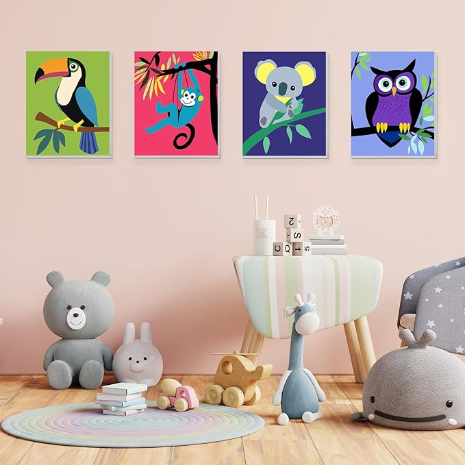 KEYIFA 4 Pack Framed Paint by Numbers Kit for Kids Age 6-12, Easy Animal Paintings for Adult Beginner, Framed Acrylic Canvas Painting for Home Decor Children Gift, 8x10 in (Toucan+Monkey+Koala+Owl)