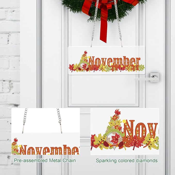 LazyFold Diamond Painting Kits Hanging Pendants, DIY Crystal Rhinestone Wreath Kits, Colored Imitation Art Point Diamond Art Window Pendants Home Garden Wall Door Birthday Festival Gifts (November)