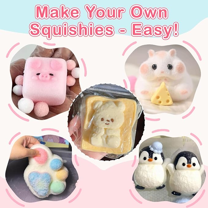 Taba Squishy Kit - 7oz DIY Liquid Silicone Making Set for Squishy Maker, All-in-one Rubber Squishy Kit with Guided, Mold, Flocking Powder - Bubble Free, Fast Cure for Beginners, Stress Relief & Gifts
