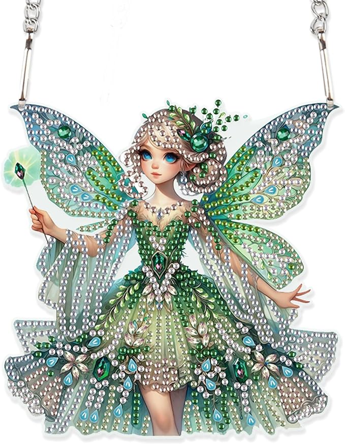 Diamond Art Painting Hanging Pendants Kits Green Butterfly Fairy DIY Crystal Rhinestone Wreath Kits, Colored Point Crystal Diamond Art Window Pendants Home Garden Wall Door Birthday Festival Gifts
