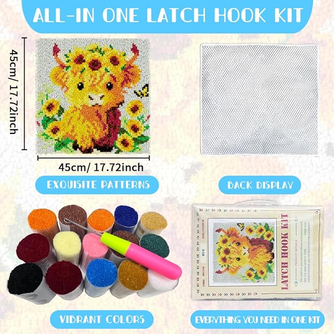 ORIGACH Cow Latch Hook Rug Kit for Adults Printed Rug Making Kit Handmade Carpet Tapestry Cover with Hook Latch and Preprinted Canvas, Home Arts Crafts Sofa Decor, 17.72x17.72inch