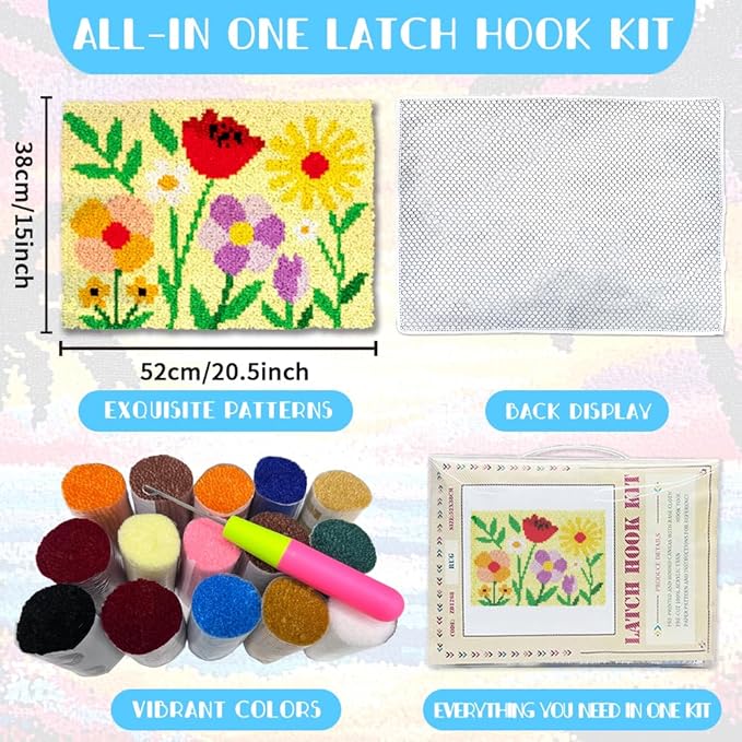 ORIGACH Simple Wildflower Latch Hook Rug Kit for Adults Printed Rug Making Kit Handmade Carpet Tapestry Cover with Hook Latch and Preprinted Canvas, Home Arts Crafts Sofa Decor, 20.5x15inch