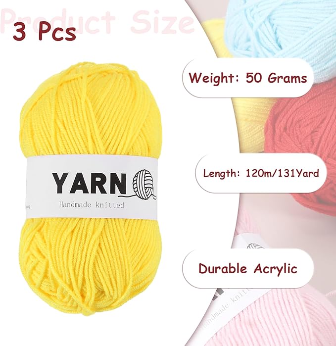 3Pcs Lemon Yellow Acrylic Yarn 400 Yard 4 Ply Soft Crochet Yarns Sport Weight Yarn,[for DIY Crocheting Knitting Craft Blankets Hats]-150g
