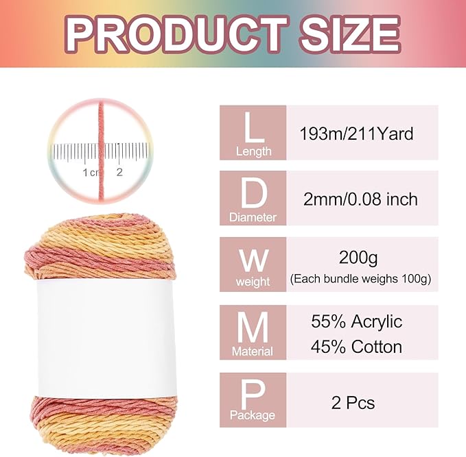 MECCANIXITY Cotton Acrylic Yarn for Crocheting, 422 Yard 5 Ply Soft Gradient Yarn Acrylic 45% Cotton 55% Used for DIY Knitting Blankets Scarves(2 Packx100g,Orange,Yellow,Red)