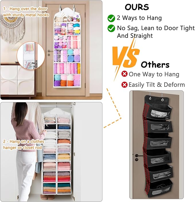 MYBAGZING Hanging Yarn Storage Organizer with Zipper Pockets, 6 Tiers Over the Door & Closet Yarn Holder, Large Crochet & Knitting Organizer with Side Pockets for Hooks, Needles & Accessories